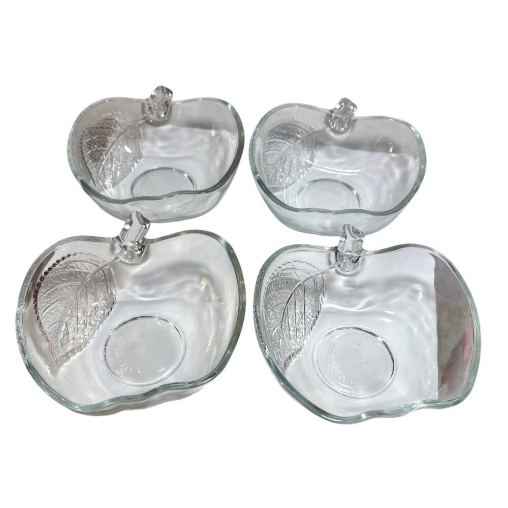 KIG Apple Shaped Bowls Clear Glass With Embossed Leaf Design 4.25" Wide Lot of 4